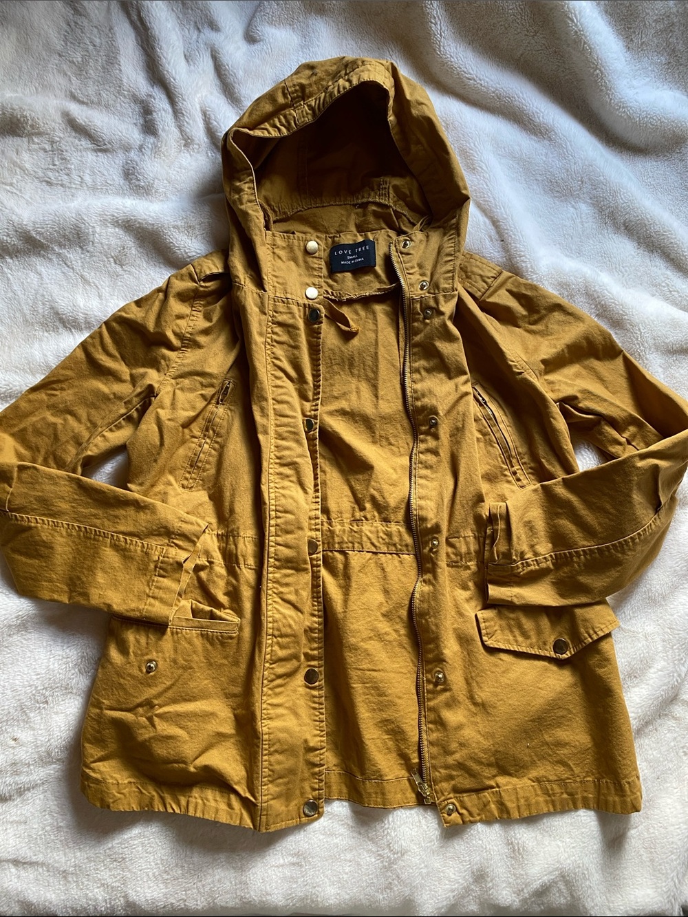 Mustard Yellow Love Tree Utility Jacket Scalloped Hem Size S